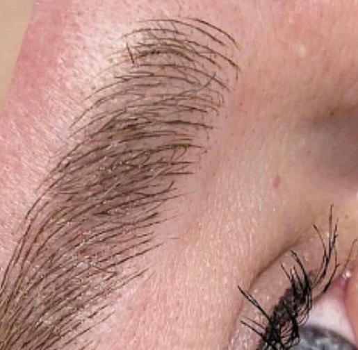 Close view of a finished hair-stroke brow by Ellie
